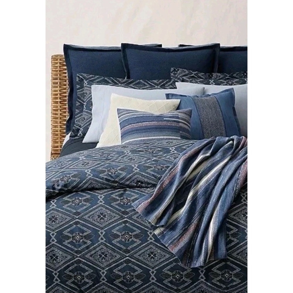 Ralph Lauren Full/Queen Duvet Cover Francois Navy Blue 100% Cotton 92x96  Luxury
